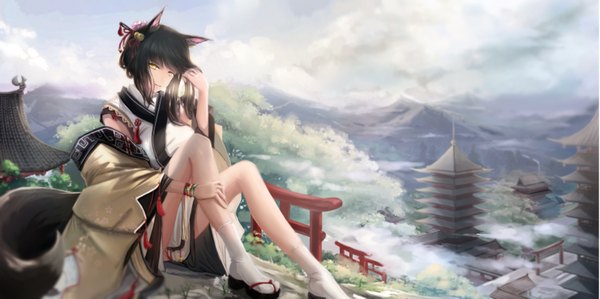 Anime picture 2959x1475 with original kikivi single long hair highres black hair wide image sitting animal ears yellow eyes sky cloud (clouds) tail traditional clothes japanese clothes animal tail fox ears fox tail fox girl mountain