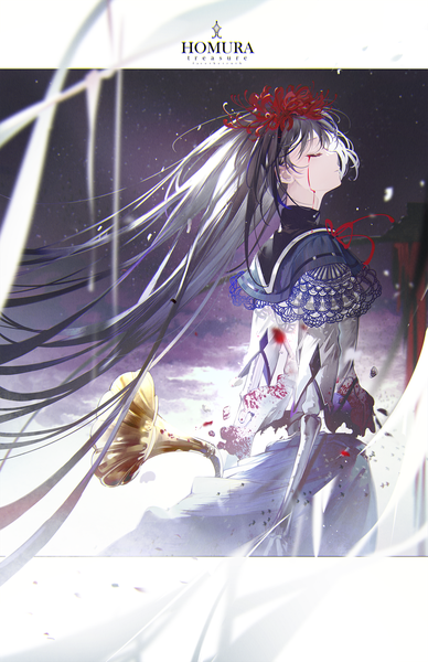 Anime picture 1357x2100 with mahou shoujo madoka magica shaft (studio) akemi homura homulilly bai qi-qsr single long hair tall image black hair standing eyes closed profile hair flower character names floating hair skeleton bloody tears girl flower (flowers) blood
