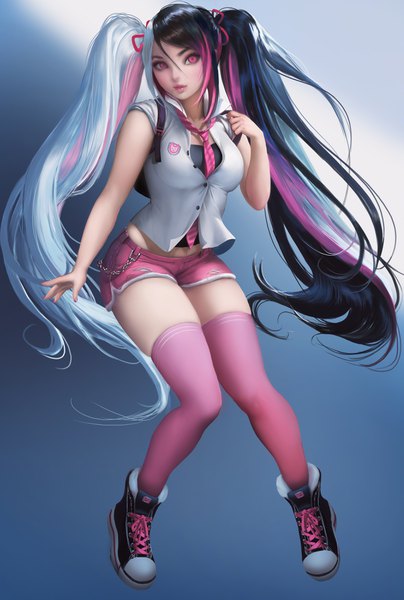 Anime picture 2691x4000 with original kimi (sakimichan) sakimichan single long hair tall image looking at viewer blush fringe highres black hair simple background hair between eyes twintails holding payot full body white hair pink eyes multicolored hair