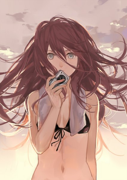 Anime picture 709x1000 with original cotta single long hair tall image looking at viewer blush brown hair bare shoulders sky cloud (clouds) sunlight bare belly silver eyes serious towel around neck girl navel swimsuit bikini
