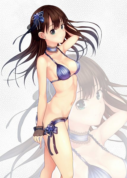 Anime picture 771x1080 with idolmaster idolmaster cinderella girls shibuya rin q (ed69) single long hair tall image looking at viewer breasts light erotic brown hair bare shoulders green eyes bare belly hand on head zoom layer girl navel hair ornament underwear