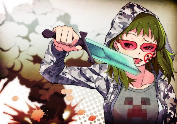 Anime picture 1707x1200 with minecraft vocaloid gumi creeper kazufumi (kaz-newt) single highres short hair red eyes looking away green hair smoke licking girl tongue hood sunglasses knife