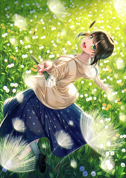 Anime picture 636x900 with kantai collection fubuki destroyer unowen single tall image looking at viewer blush fringe short hair open mouth smile hair between eyes brown hair standing holding green eyes payot outdoors :d looking back