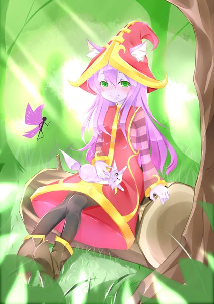 Anime picture 2480x3507 with league of legends lulu (league of legends) minarai-chu single long hair tall image looking at viewer blush highres smile green eyes pink hair fairy girl hat animal tree (trees) forest