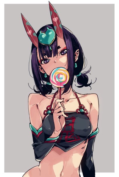 Anime picture 959x1415 with fate (series) fate/grand order shuten douji (fate) shuten douji (halloween caster) (fate) imigimuru single tall image looking at viewer fringe short hair breasts light erotic purple eyes twintails purple hair traditional clothes head tilt horn (horns) pointy ears grey background