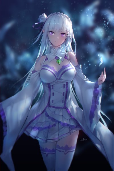 Anime picture 1985x2976 with re:zero kara hajimeru isekai seikatsu white fox emilia (re:zero) swd3e2 single long hair tall image blush fringe highres breasts simple background standing purple eyes bare shoulders signed looking away cleavage white hair braid (braids)