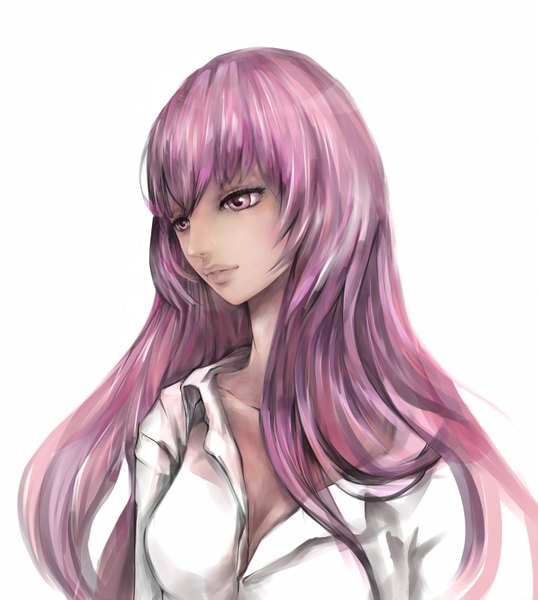Anime picture 1500x1673 with vocaloid megurine luka kingyo0 single long hair tall image breasts simple background white background purple eyes cleavage purple hair open clothes open shirt face girl
