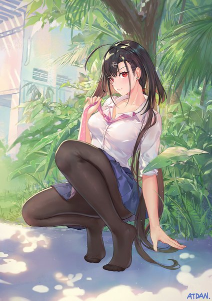 Anime picture 1291x1826 with azur lane independence (azur lane) atdan single long hair tall image looking at viewer blush fringe light erotic black hair smile hair between eyes red eyes holding signed payot full body ahoge outdoors