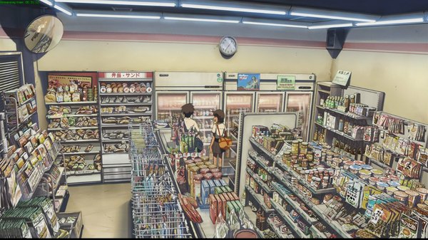 Anime picture 1600x900 with 5 centimeters per second toono takaki shinkai makoto wide image cap mirror convenience store sumita kanae