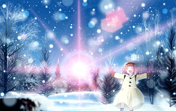 Anime picture 1400x885 with kanon key (studio) tsukimiya ayu sunlight snowing spread arms winter snow morning girl