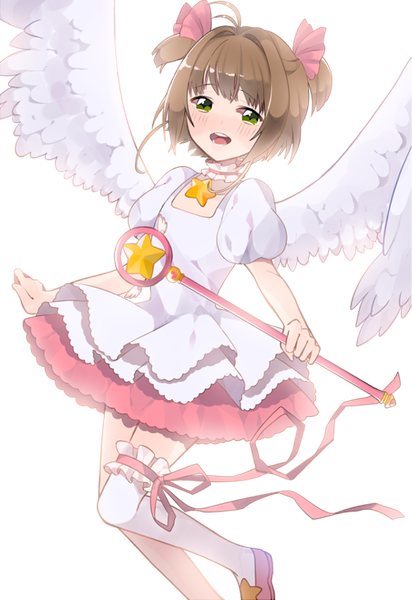 Anime picture 636x925 with card captor sakura clamp kinomoto sakura uttao single tall image looking at viewer blush short hair open mouth brown hair green eyes ahoge two side up transparent background angel wings girl thighhighs bow ribbon (ribbons)