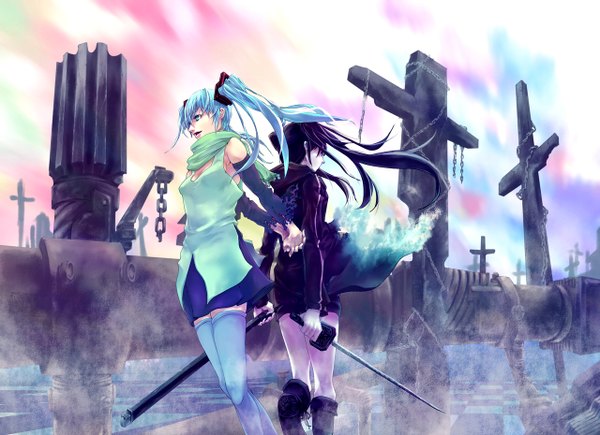 Anime picture 1280x930 with black rock shooter vocaloid hatsune miku black rock shooter (character) munakata long hair black hair twintails multiple girls aqua hair checkered floor back to back crossover girl thighhighs 2 girls detached sleeves sword boots scarf