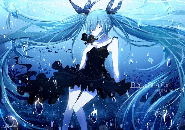 Anime picture 2000x1400 with vocaloid shinkai shoujo (vocaloid) hatsune miku perry meow single long hair highres twintails blue hair eyes closed inscription underwater girl dress black dress bubble (bubbles)