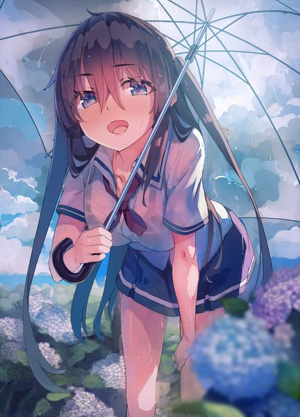 Anime picture 720x1000 with original yasumo (kuusouorbital) single long hair tall image looking at viewer blush fringe open mouth blue eyes light erotic black hair holding pink hair cloud (clouds) :d sunlight wet leaning leaning forward