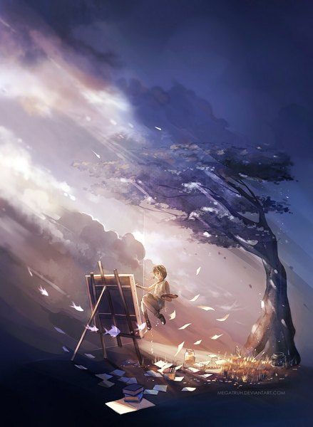 Anime picture 842x1152 with original megatruh long hair tall image brown hair sitting sky cloud (clouds) braid (braids) wind black eyes inscription twin braids girl dress plant (plants) tree (trees) book (books) grass sundress