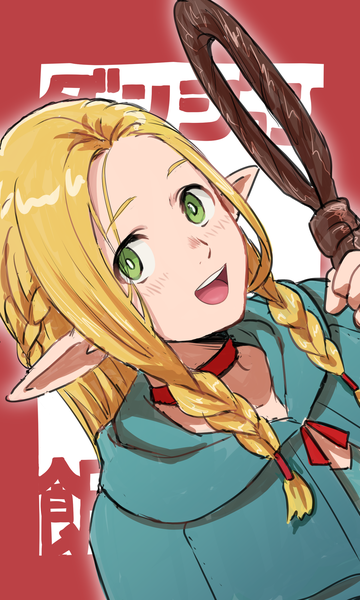Anime-Bild 1500x2500 mit dungeon meshi studio trigger marcille donato landl single long hair tall image looking at viewer open mouth blonde hair green eyes upper body braid (braids) :d pointy ears copyright name twin braids girl choker staff