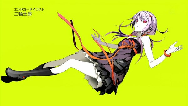 Anime picture 1280x720 with guilty crown production i.g yuzuriha inori single long hair looking at viewer open mouth red eyes wide image twintails bare shoulders pink hair inscription spread arms pale skin yellow background falling end card girl dress