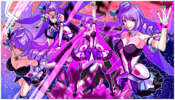 Anime picture 1260x720 with macross macross delta mikumo guynemer pizaya long hair light erotic red eyes wide image bare shoulders cleavage purple hair nail polish hair bun (hair buns) drill hair center opening multiple persona girl detached collar wrist cuffs