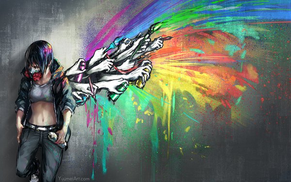 Anime picture 2000x1250 with original yuumei single fringe highres short hair black hair hair between eyes standing holding signed looking away multicolored hair black eyes open jacket standing on one leg against wall graffiti dirty girl