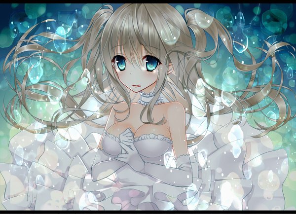 Anime picture 1382x1000 with original yadapot single long hair looking at viewer blush breasts open mouth blue eyes bare shoulders silver hair girl dress gloves elbow gloves frills bubble (bubbles)
