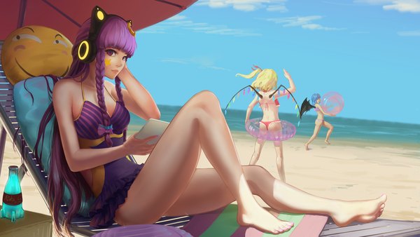 Anime picture 1920x1080 with touhou fallout flandre scarlet remilia scarlet patchouli knowledge sarena long hair looking at viewer fringe highres short hair breasts light erotic blonde hair wide image standing sitting purple eyes multiple girls holding