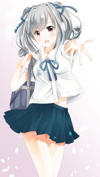 Anime picture 680x1200 with idolmaster idolmaster cinderella girls kanzaki ranko izumil tall image looking at viewer short hair open mouth red eyes white background twintails grey hair drill hair girl skirt ribbon (ribbons) hair ribbon shirt school bag
