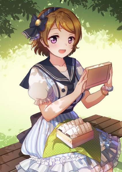 Anime-Bild 1200x1697 mit love live! school idol project sunrise (studio) love live! koizumi hanayo emia wang single tall image short hair open mouth brown hair sitting purple eyes outdoors :d puffy sleeves polka dot sailor collar wrist scrunchie girl food