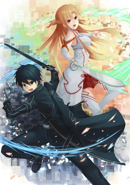 Anime picture 2480x3507 with sword art online a-1 pictures yuuki asuna kirigaya kazuto long hair tall image highres short hair open mouth blue eyes black hair brown hair brown eyes girl thighhighs boy weapon detached sleeves white thighhighs sword
