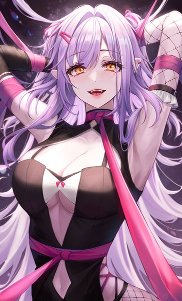 Anime-Bild 2480x4088 mit original pippin sol single long hair tall image looking at viewer fringe highres breasts open mouth light erotic smile hair between eyes large breasts standing yellow eyes cleavage purple hair :d pointy ears