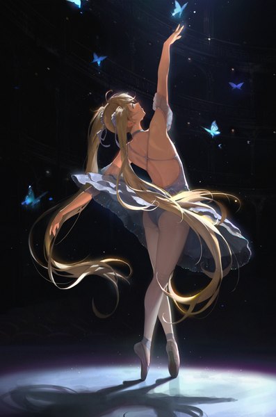Anime picture 3658x5524 with original bangsom single tall image highres blue eyes light erotic blonde hair twintails absurdres full body ahoge ass indoors very long hair arm up from behind shadow outstretched arm looking up