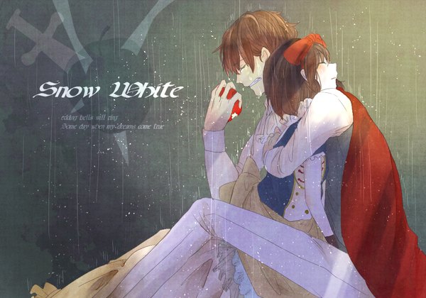 Anime picture 1000x700 with snow white and the seven dwarfs grimm's fairy tales snow white mugichika (artist) short hair brown hair sitting profile couple hug tears rain crying girl boy cloak fruit apple bitten apple