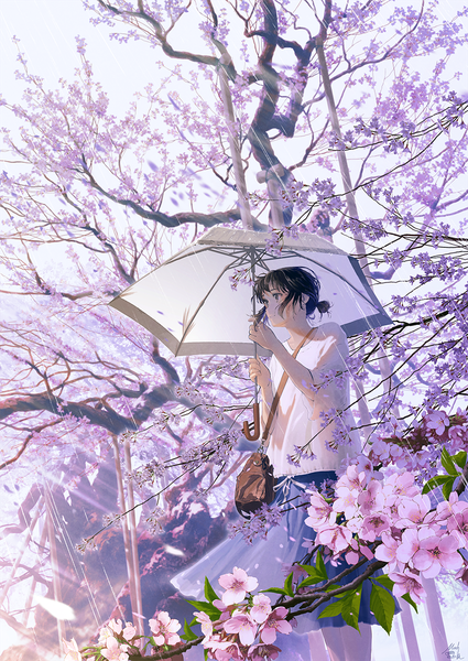 Anime picture 928x1310 with original mocha (cotton) single tall image fringe short hair black hair standing holding brown eyes signed looking away outdoors sunlight short sleeves hair bun (hair buns) cherry blossoms rain spring girl