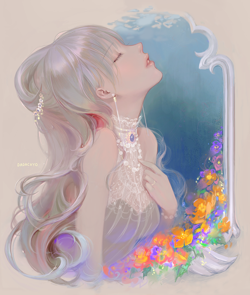 Anime picture 800x944 with original dadachyo single long hair tall image fringe bare shoulders signed payot upper body eyes closed parted lips profile grey hair girl dress hair ornament flower (flowers) earrings bracelet