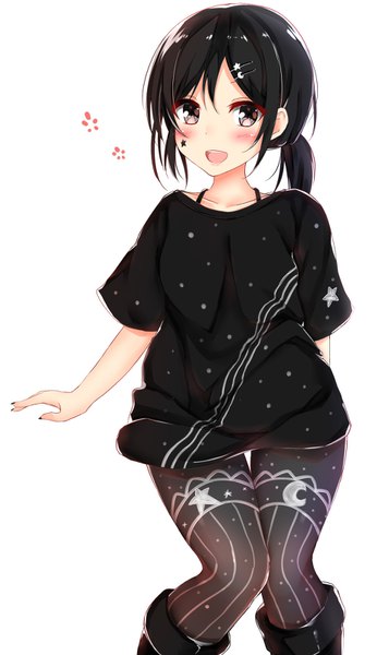 Anime picture 952x1600 with original pikacchi single long hair tall image looking at viewer blush fringe open mouth black hair simple background smile hair between eyes white background payot ponytail :d grey eyes arm behind back knees touching