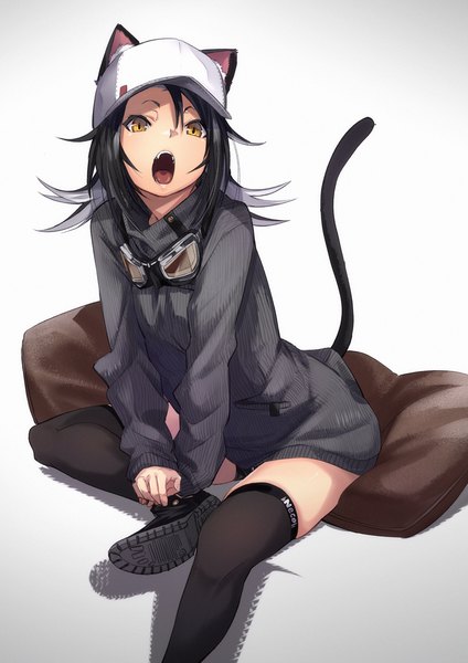 Anime picture 827x1169 with original fu-ta single long hair tall image looking at viewer blush fringe open mouth black hair simple background hair between eyes white background sitting animal ears yellow eyes bent knee (knees) tail animal tail multicolored hair