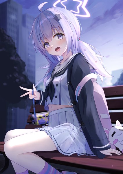 Anime picture 2866x4045 with blue archive reisa (blue archive) cpk prd single long hair tall image looking at viewer fringe highres open mouth hair between eyes sitting purple eyes twintails sky purple hair ahoge outdoors :d pleated skirt