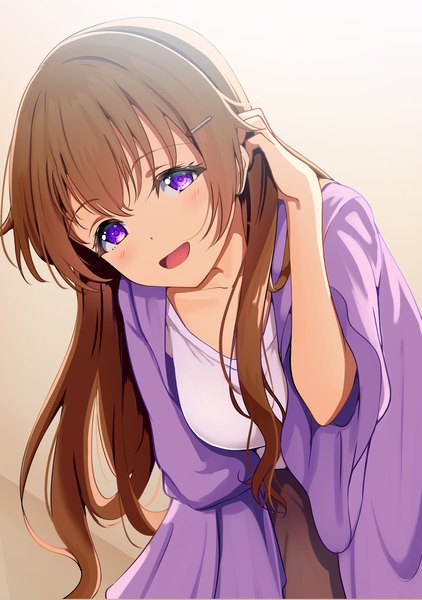 Anime picture 1512x2150 with love live! nijigasaki high school idol club sunrise (studio) love live! konoe kanata amaki-chan single long hair tall image looking at viewer blush fringe breasts open mouth simple background smile brown hair standing purple eyes :d arm up