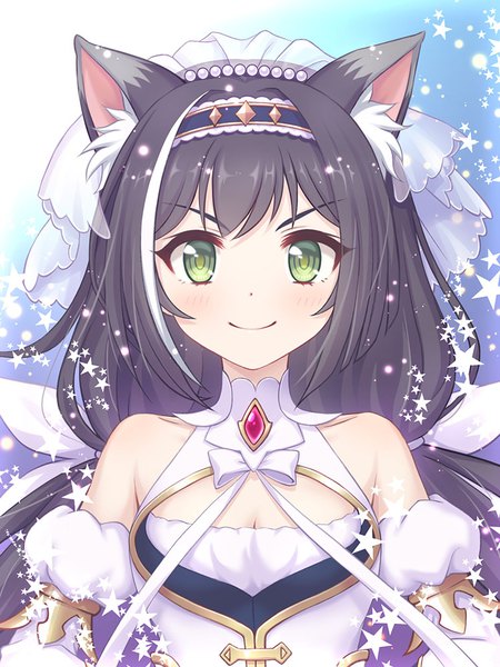 Anime picture 750x1000 with princess connect! re:dive princess connect! karyl (princess connect!) s1a1nokoka single long hair tall image looking at viewer blush fringe breasts black hair smile hair between eyes twintails bare shoulders green eyes animal ears payot cleavage