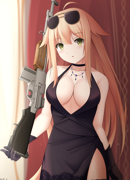 Anime-Bild 1392x1920 mit girls frontline m1918 bar (girls frontline) keenh single long hair tall image looking at viewer fringe breasts light erotic blonde hair hair between eyes large breasts standing bare shoulders holding green eyes signed payot cleavage