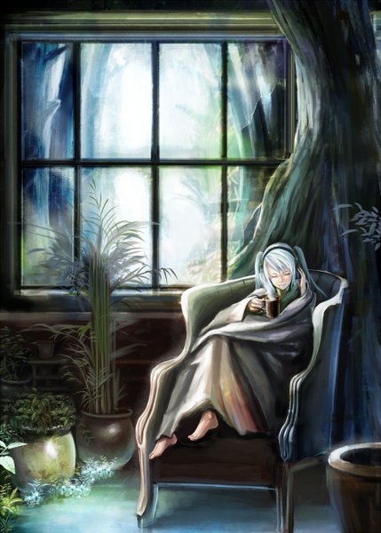 Anime picture 939x1314 with vocaloid hatsune miku yoshifumi (4423) single tall image sitting twintails silver hair eyes closed barefoot hand on head steam broken broken glass girl plant (plants) tree (trees) window headphones cup