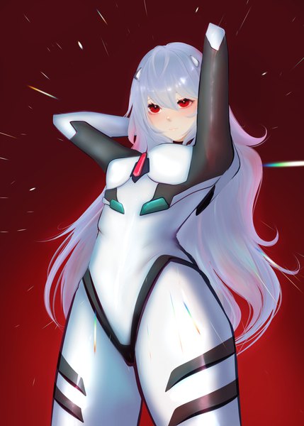 Anime picture 5757x8059 with neon genesis evangelion rebuild of evangelion evangelion: 3.0+1.0 thrice upon a time gainax ayanami rei moonsmess single long hair tall image blush fringe highres light erotic simple background red eyes blue hair looking away absurdres arms up from below