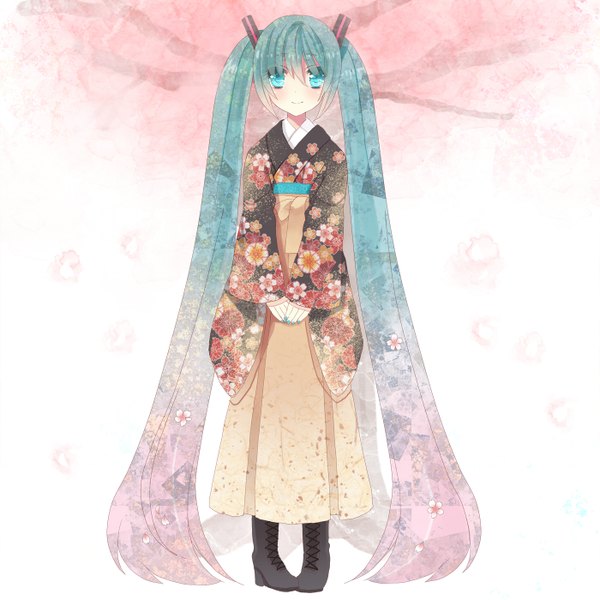 Anime picture 1400x1400 with vocaloid hatsune miku sana-m single looking at viewer blush fringe smile twintails pink hair very long hair nail polish traditional clothes japanese clothes aqua eyes aqua hair girl flower (flowers) kimono thigh boots