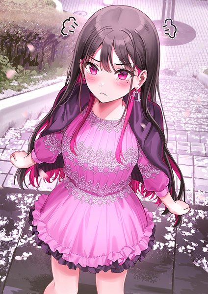 Anime picture 636x900 with original rangu single long hair tall image looking at viewer blush fringe black hair hair between eyes standing outdoors pink eyes multicolored hair blurry mole two-tone hair mole under eye colored inner hair frilled dress