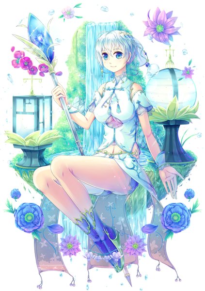 Anime picture 800x1134 with original sakakidani single tall image looking at viewer short hair blue eyes white background white hair girl dress flower (flowers) petals staff