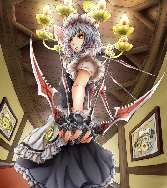Anime picture 1067x1200 with touhou flandre scarlet remilia scarlet izayoi sakuya single tall image fringe short hair standing silver hair braid (braids) from below maid glowing glowing eye (eyes) fighting stance girl weapon headdress fingerless gloves
