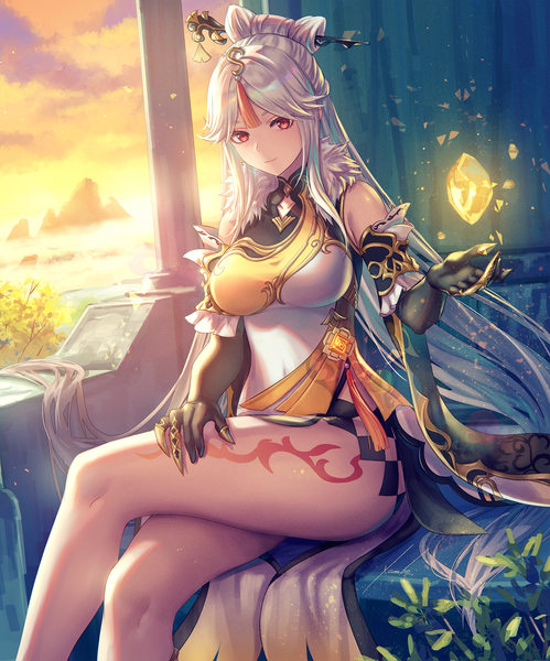 Anime picture 1701x2047 with genshin impact ningguang (genshin impact) anbe yoshirou single tall image looking at viewer fringe highres breasts red eyes large breasts sitting signed sky silver hair cloud (clouds) indoors very long hair traditional clothes light smile
