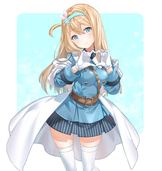 Anime picture 2000x2104 with girls frontline suomi kp31 (girls frontline) shiosoda single long hair tall image blush fringe highres blue eyes simple background blonde hair hair between eyes standing bent knee (knees) head tilt pleated skirt one side up border blue background