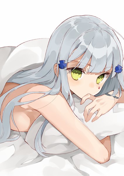 Anime picture 932x1318 with girls frontline hk416 (girls frontline) hasegawa (rarairairai) single long hair tall image looking at viewer blush fringe light erotic simple background white background green eyes lying nude grey hair on stomach covered mouth girl hairclip
