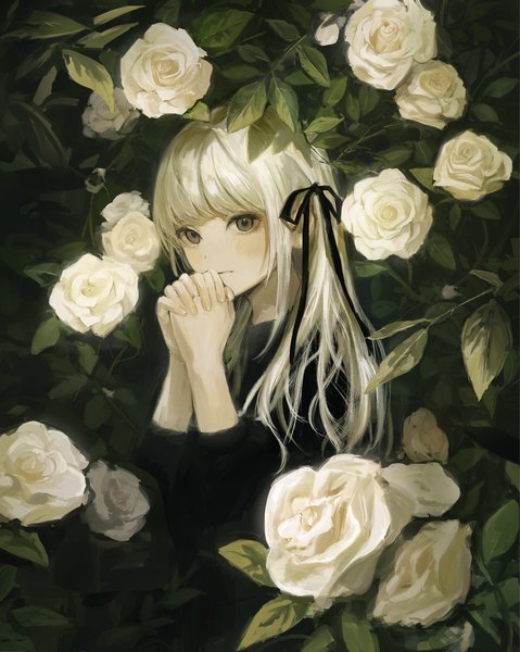 Anime picture 1636x2048 with original funabashi (iwzry) single long hair tall image looking at viewer blush fringe standing green eyes outdoors white hair blunt bangs interlocked fingers girl flower (flowers) ribbon (ribbons) hair ribbon rose (roses) ring