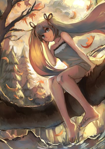 Anime picture 1200x1697 with vocaloid hatsune miku sishenfan single long hair tall image looking at viewer blue eyes smile sitting bare shoulders blue hair barefoot sunlight bare legs no shoes sunbeam autumn girl dress